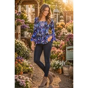 Bethany M Y2K Blue Purple Floral Plissé Ruffle Bell Sleeve Blouse Top‎ 8/10